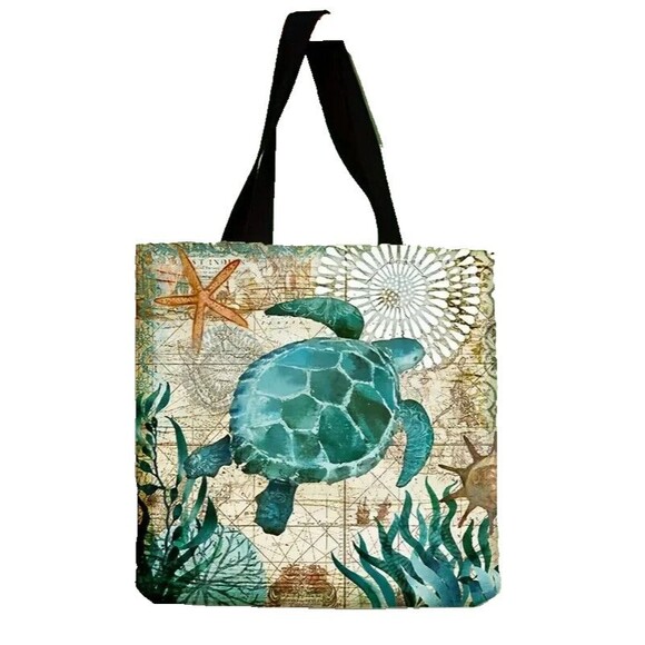 Blue Sea Turtle Tote Bag Multipurpose Shopping Travel Cotton Polyester Gift NEW - Picture 1 of 3